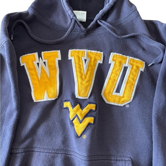 WVU Mountaineers Hoodie Mens L E5 Sportswear Blue Yellow Appliqué Flaws - Picture 2 of 9